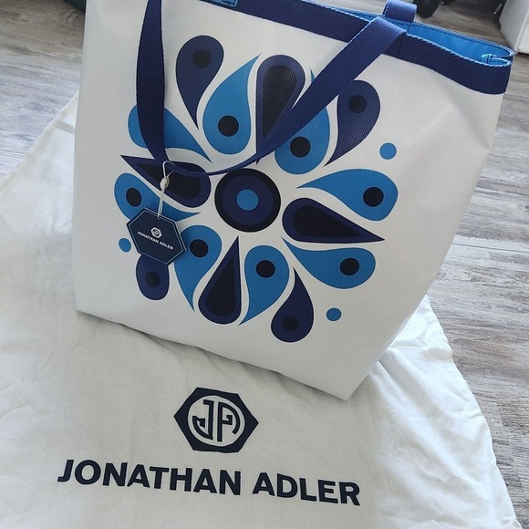 Jonathan Adler White Navy Feather Medallion 2 Sided Beach Talulla Large Tote NWT - Picture 7 of 16